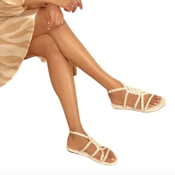Manebi Yucatan Jute Rope Braided Espadrille Flat Sandals Shoes Tan White Size 36 - Picture 1 of 10